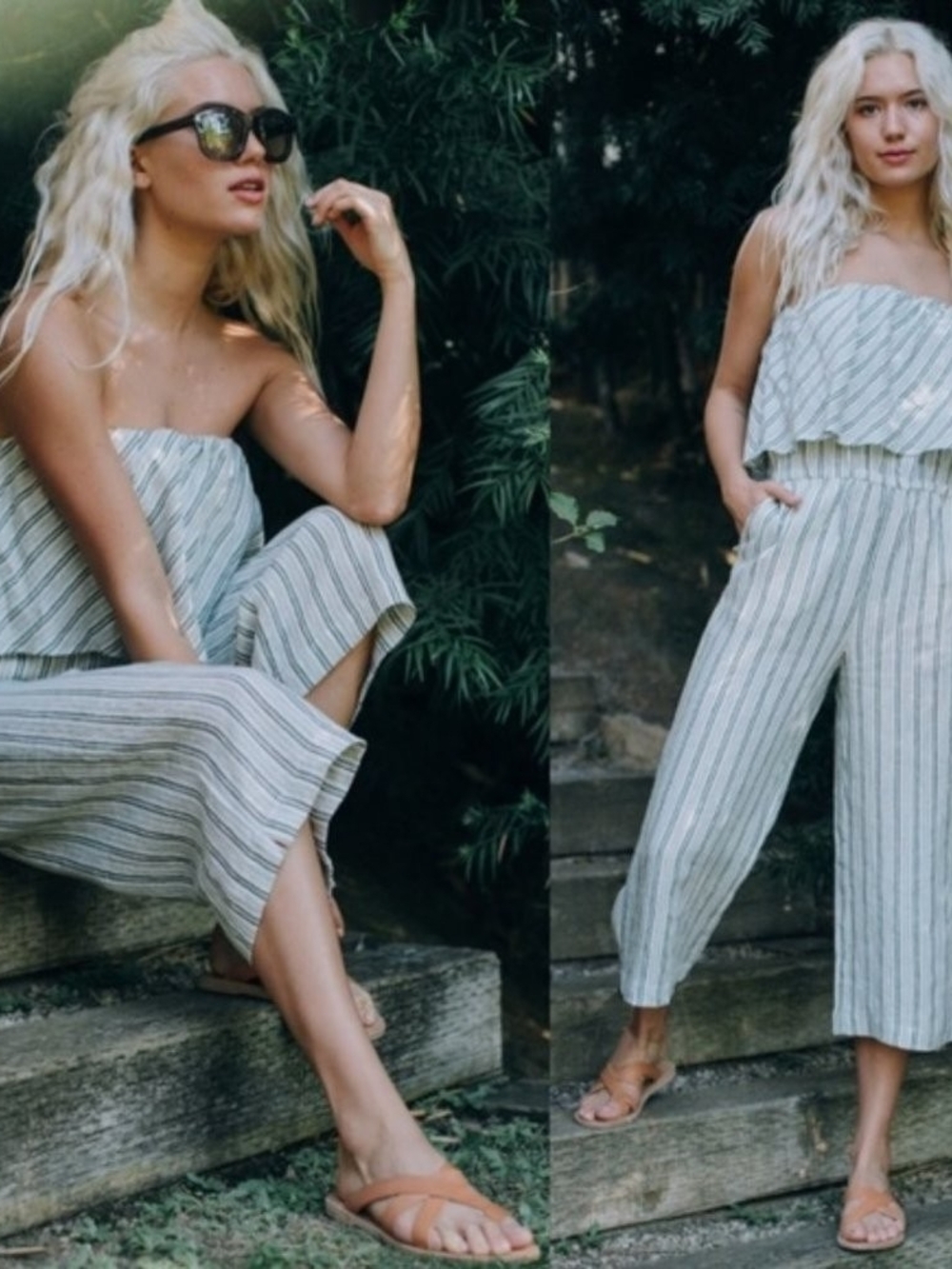 100% Linen Joie Cream and Sage Striped Strapless Cropped Jumpsuit